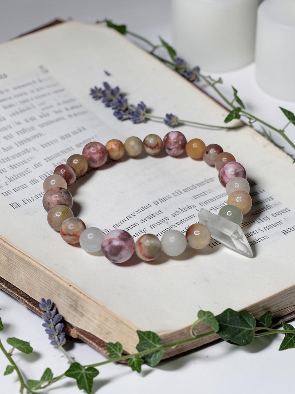 Multicolor Agate Beaded Bracelet with Clear Crystal Charm